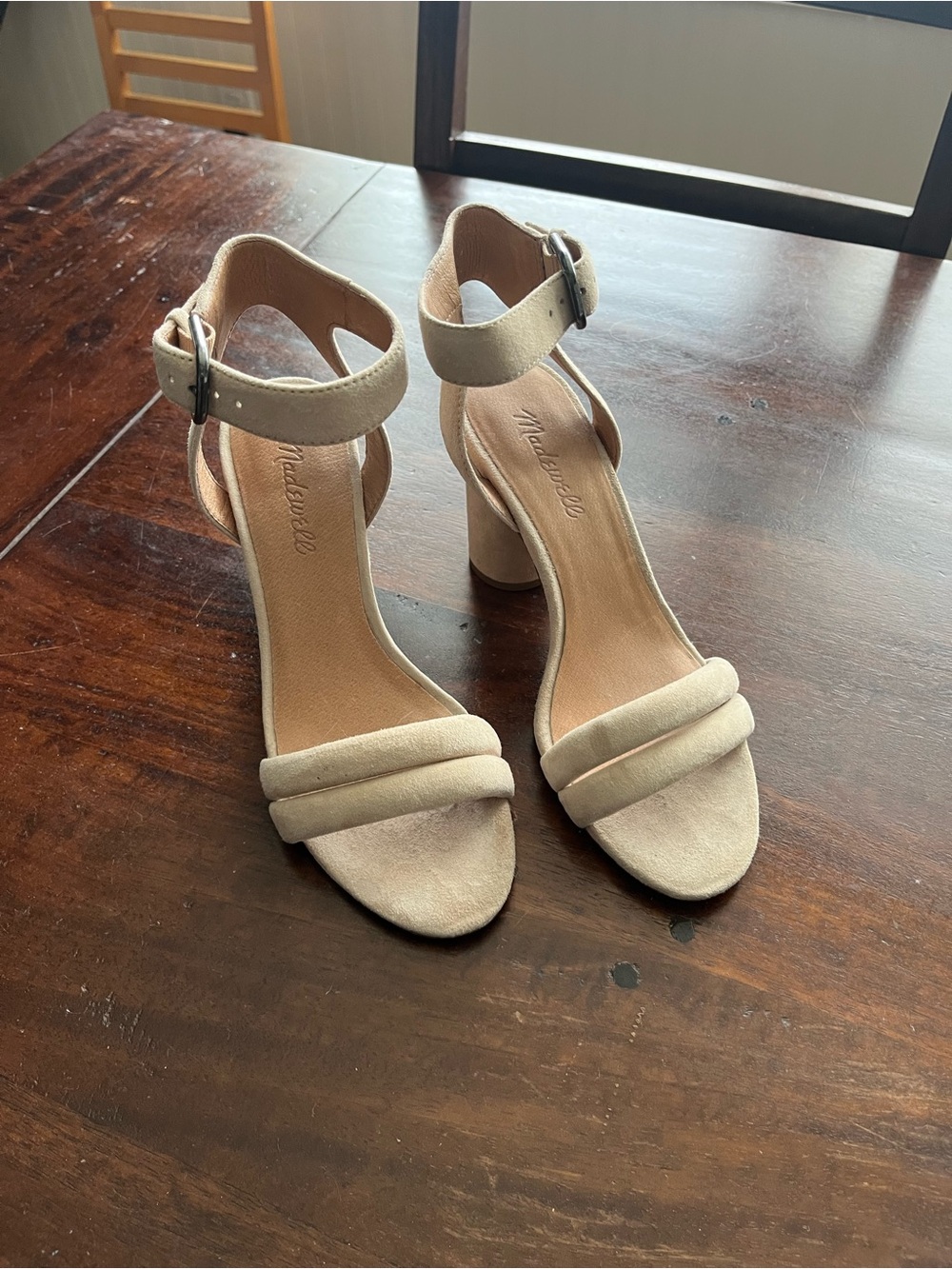 Madewell Neutral Suede-Look Ankle Strap Block Heels